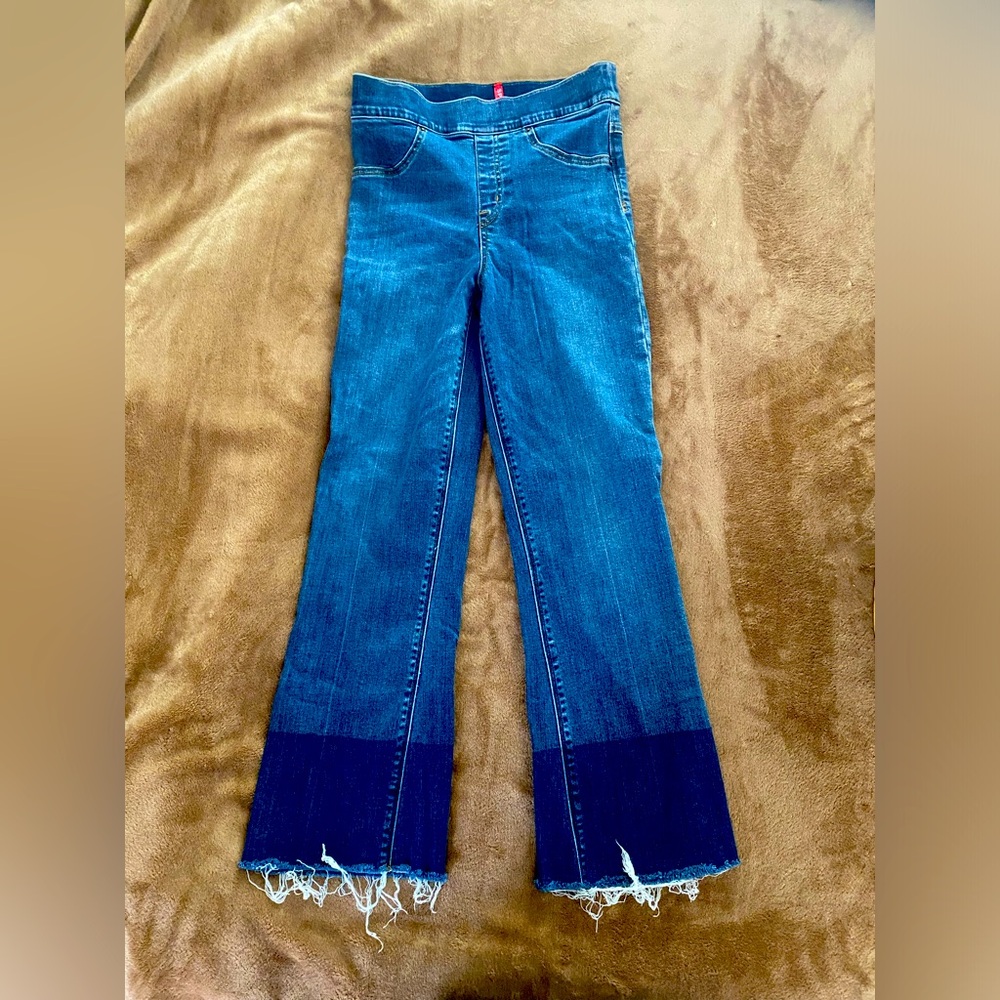 SPANX Blue Flared Jeans with Frayed Hem